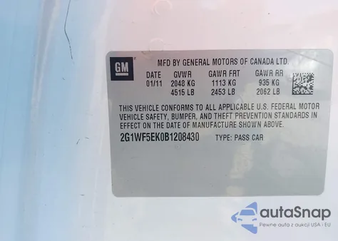 2011 Chevrolet Impala Ls z USA, uszkodzony, nr VIN 2G1WF5EK0B1208430